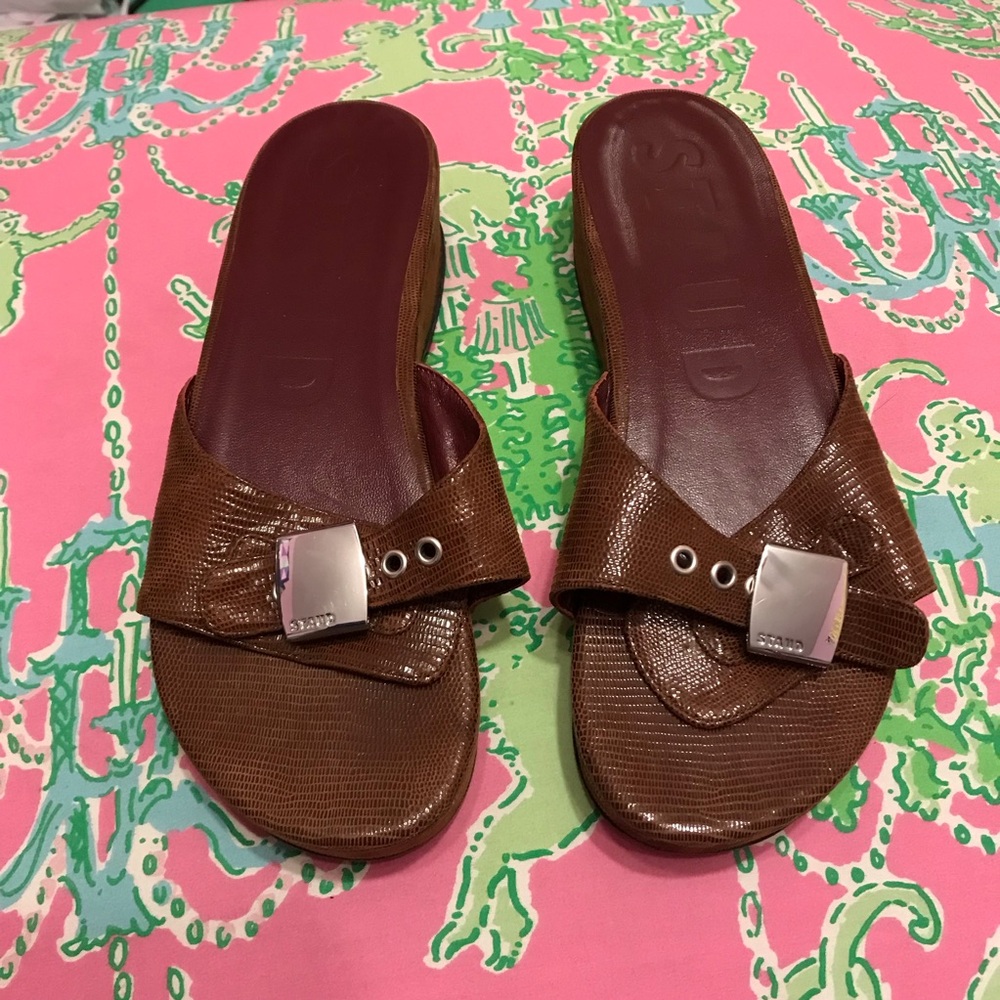 STAUD Brown Leather Slide Sandals with Silver Buckles